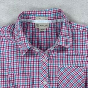 Ariat Womens Fitted Long Sleeve Gingham Western Button Down Shirt Pink Blue M